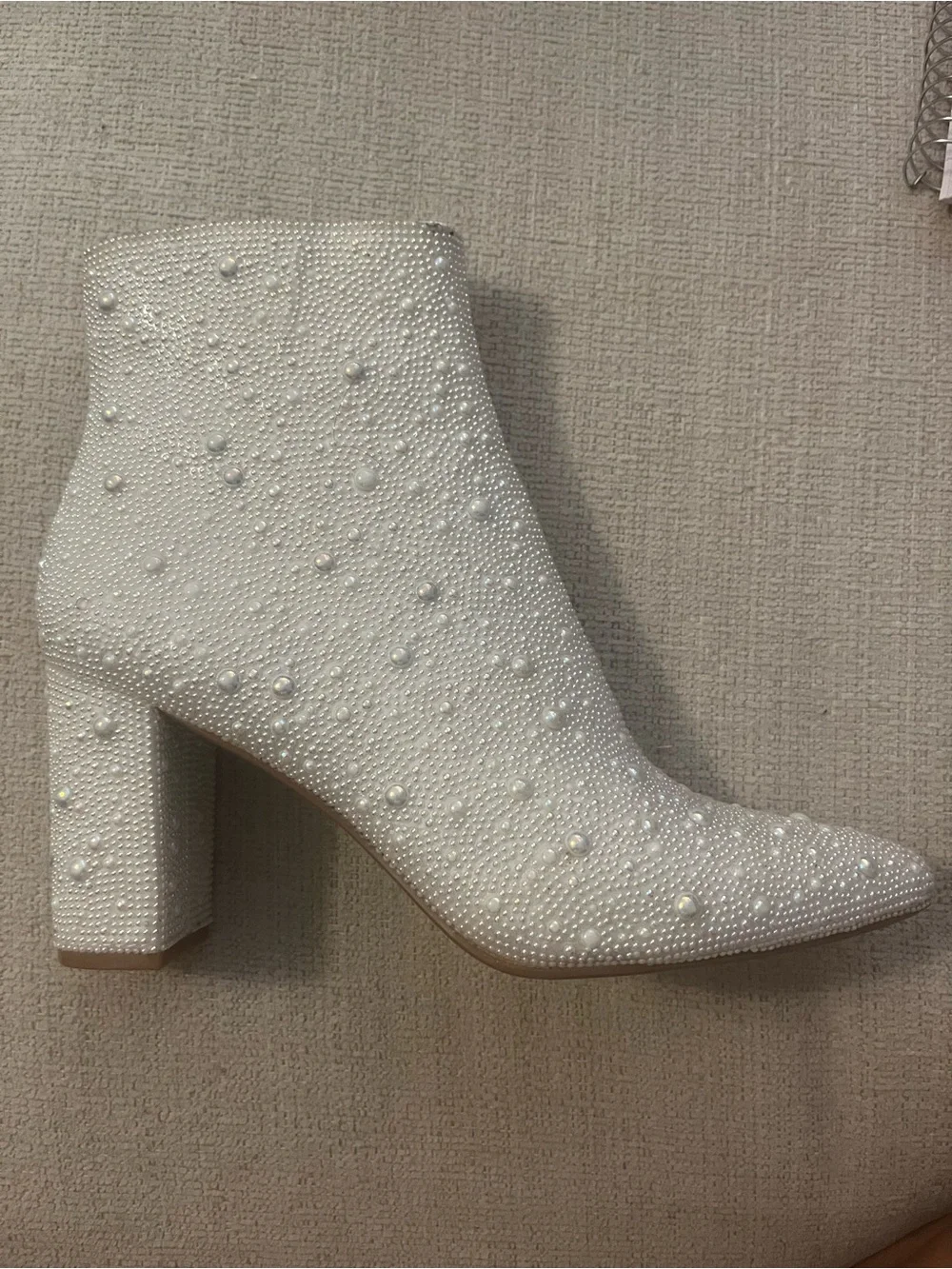 Betsey Johnson Ivory Pearl & Crystal Embellished Block Heel Ankle Booties